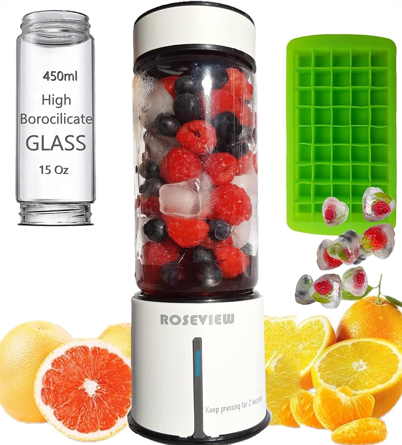 Portable Smoothie blender ROSEVIEW Glass bottle USB rechargeable mini Handheld Ice Shakes Cup 2 speed blend juicer Cordless Personal smoothies maker Fruit mixer (Egg Shell)