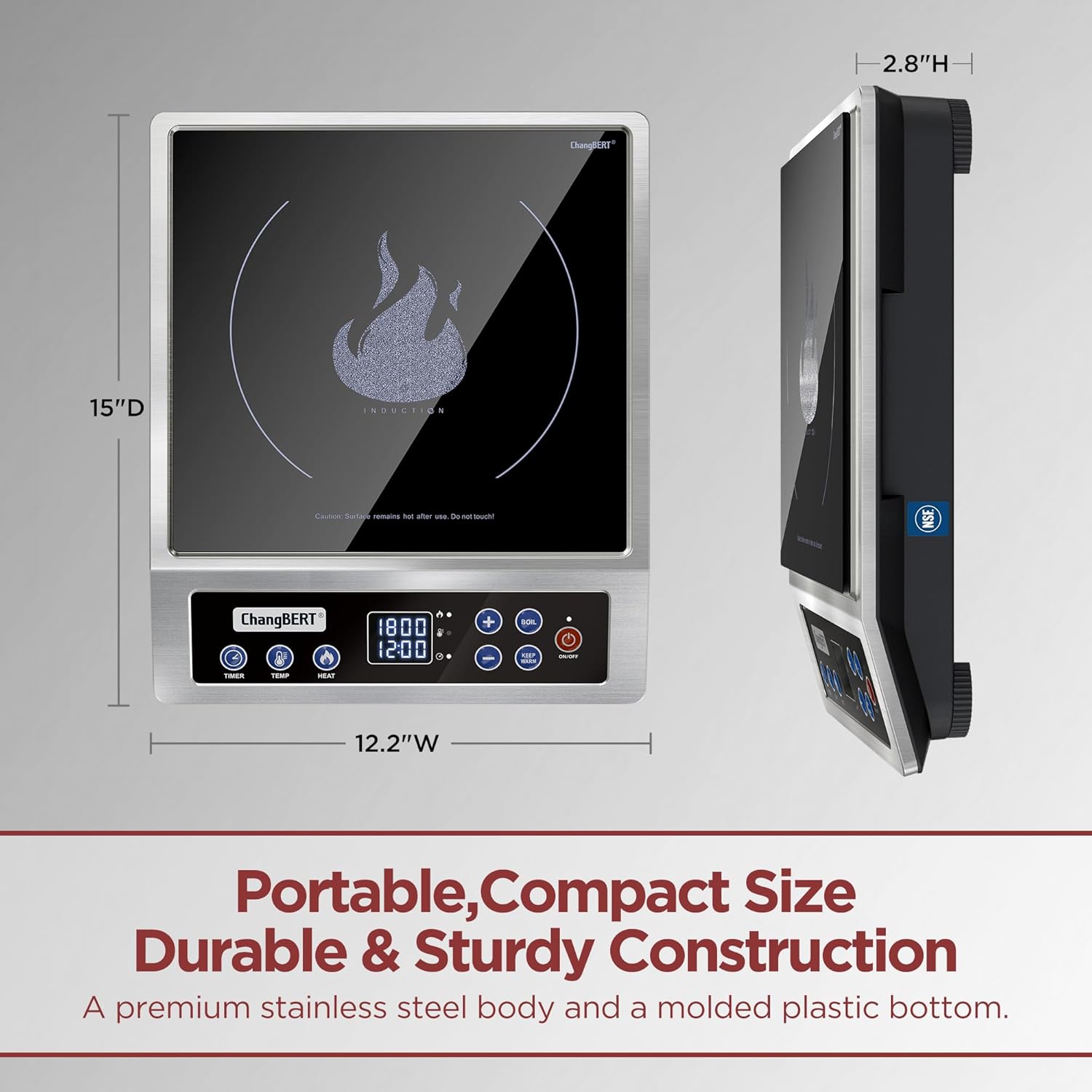 ChangBERT Portable Induction Cooktop Enhanced Version, One-Click Max Power 1800W Large Heating Coil Burner, Precise Temperature Control, NSF Certified, Low Noise Hot Plate for Home & Commercial