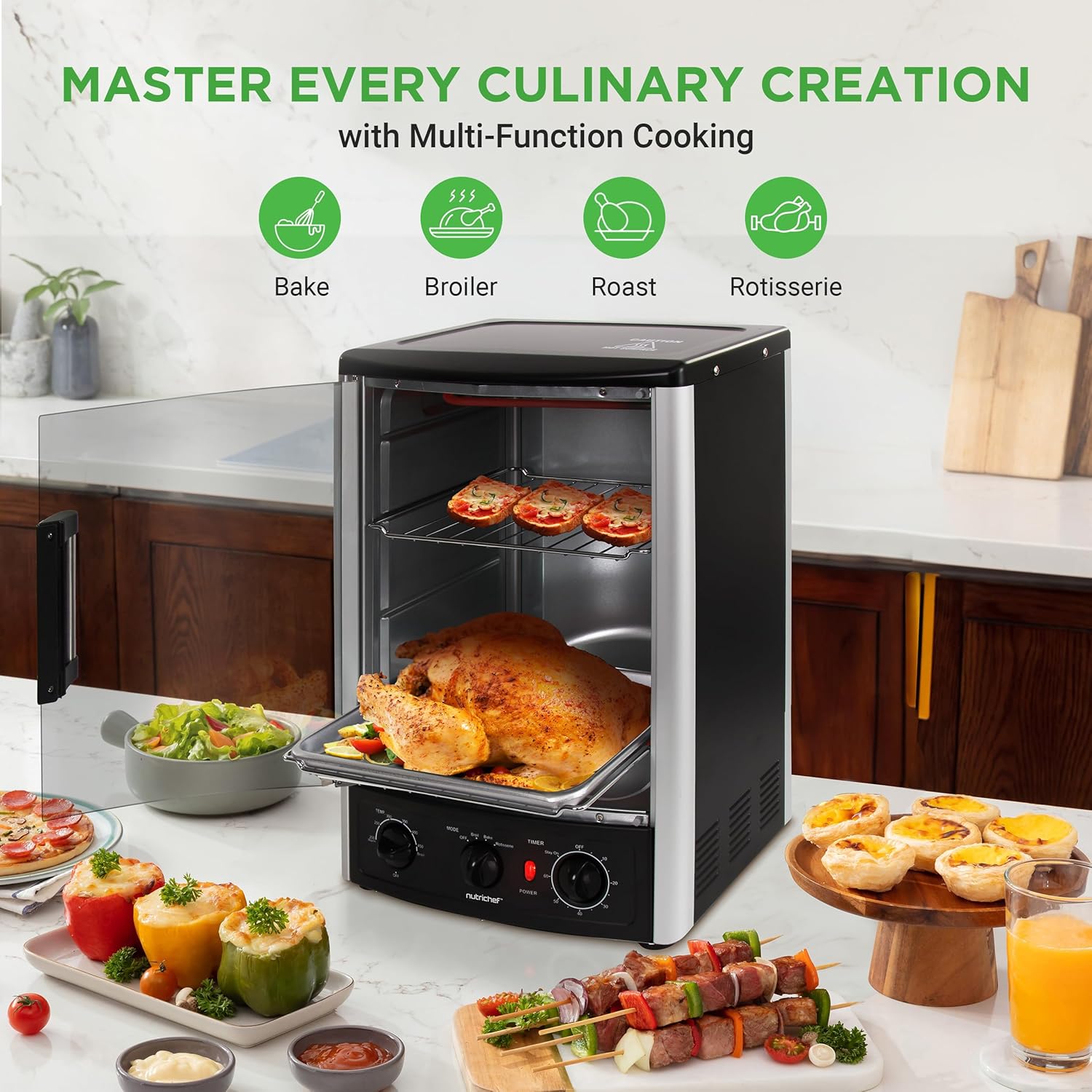 Nutrichef Vertical Countertop Oven with Rotisserie, Bake, Broil, & Kebab Rack Functions - Adjustable Settings - 2 Shelves - 1500W - Thanksgiving Turkey - Includes Grill, Kebab skewer racks & bake pan