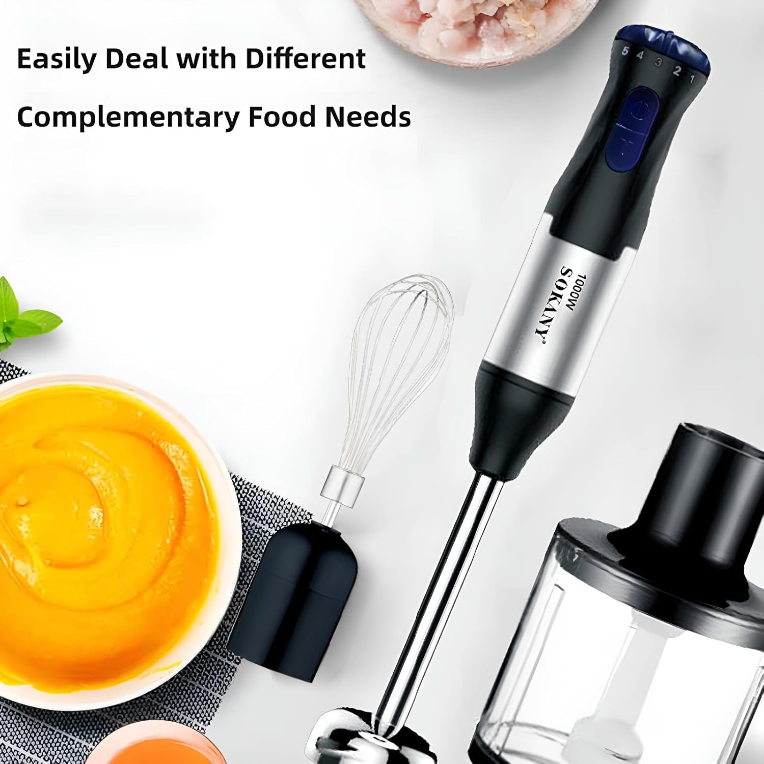 4-in-1 Copper Motor Stainless Steel Blade immersion blender handheld,1000W 5 Speed stand mixer,700ml Beaker,500ml Food Processor, egg beater, baby food maker, meat grinder