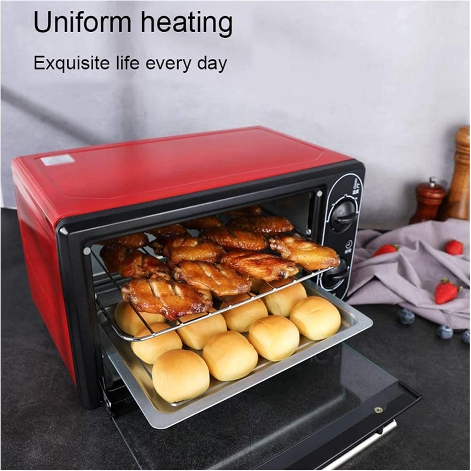 Convection Toaster Oven Cooker, Rotisserie + Electric Air Fryer with Non-stick Fry Basket, Baking Pan & Rack, Skewers, Drip Tray 12L