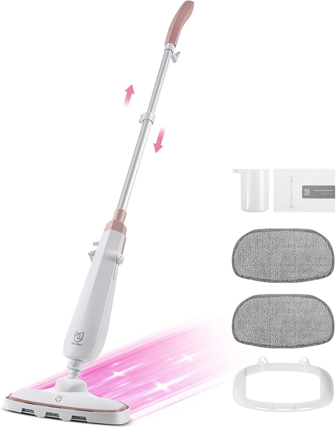 Moolan Steam Mop, 15s Fast Heat-Up Steam Cleaner with 2 Washable Pads, Chemical-Free Hard Floor Cleaning for Carpet, Tile, Laminate, Hardwood, Self-Standing with Adjustable Handle