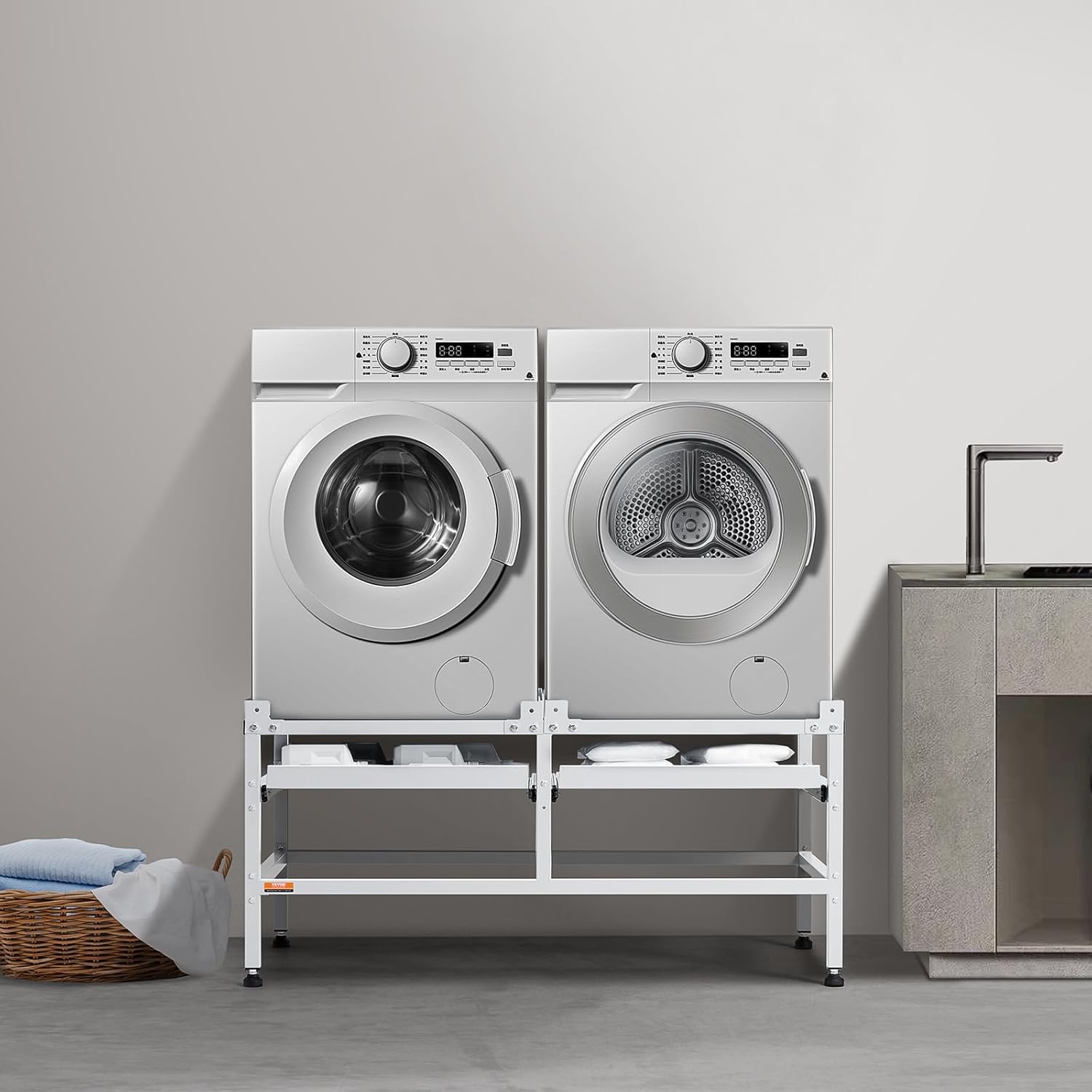 VEVOR Washing Machine Stand, 48.5x25-Inch Washer Laundry Pedestal, 590LBS Load Capacity Washer And Dryer Pedestal Base with Double Trays, 4 Adjustable Feet for Lifting Washing Machines, Carbon Steel