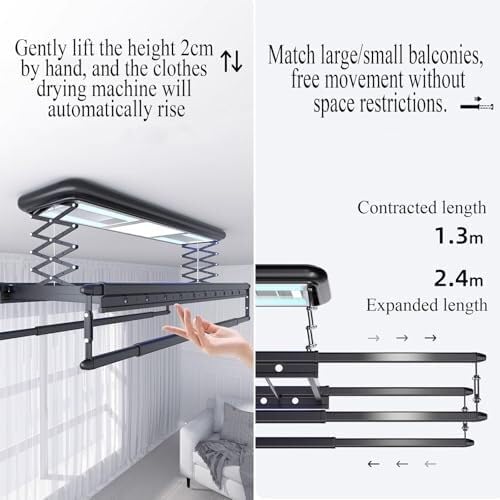 Ceiling Electric Clothes Dryer with Remote Control & LED Light, 35kg Load, Adjustable Height, Indoor Towel & Laundry Rack, 20 Hanging Holes, Quiet Operation(Black)