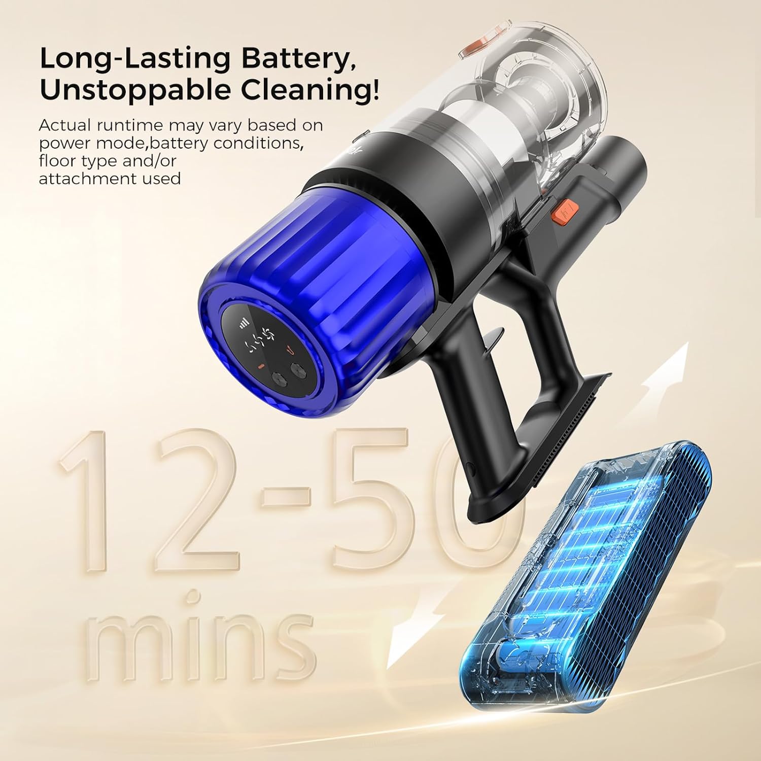 Teendow Cordless Vacuum Cleaner, 500W 50 Minutes Runtime Stick Vacuum for Pet Hair, Powerful Suction, Rechargeable, Lightweight, Handheld Vacuum Versatile for Carpet, Hard Floor (Black)