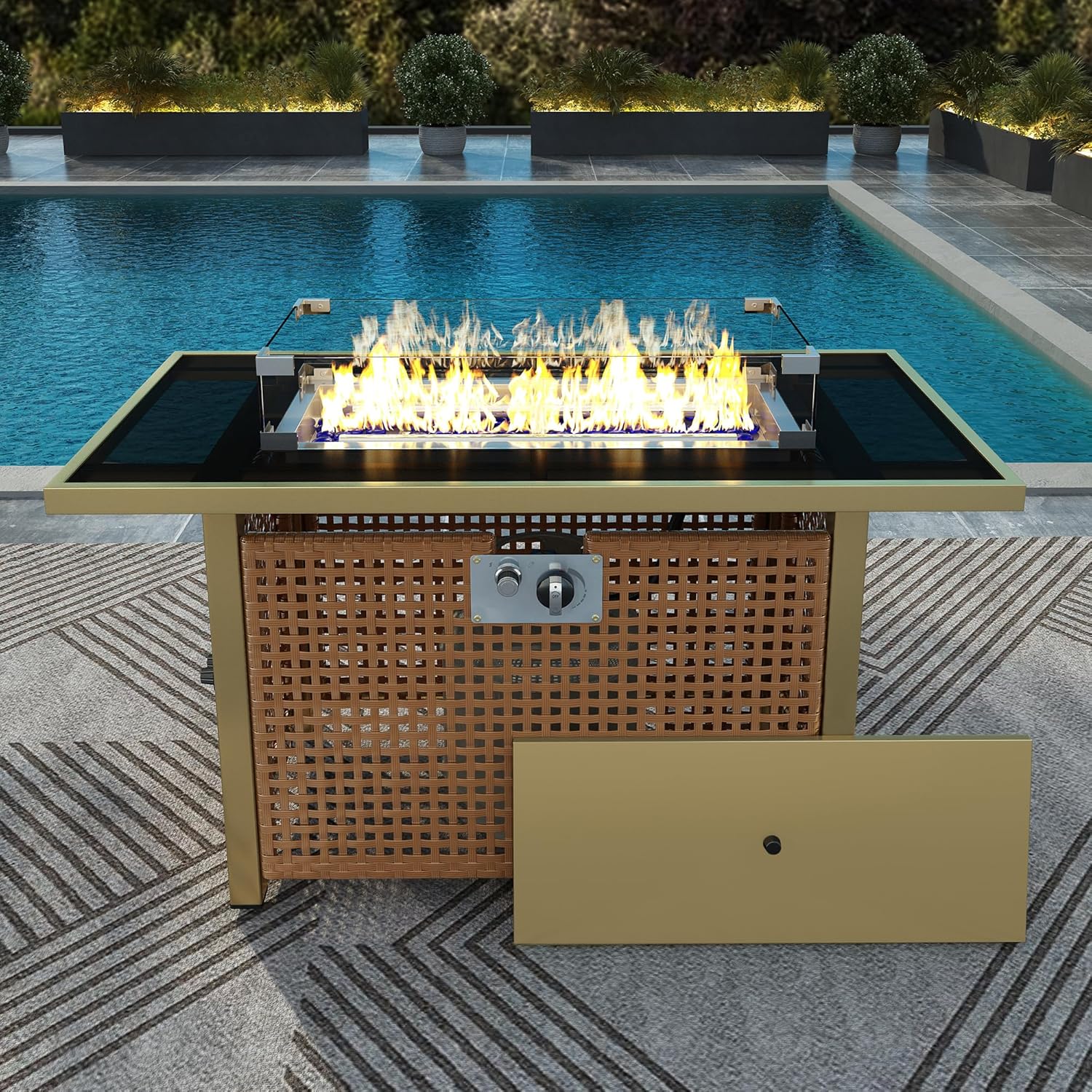 43“Outdoor Propane Gas Fire Pit Table with 60,000 BTU Stainless Steel Burner, Glass Wind Guard, Removable Lid and Blue Fire Glass,Rectangular PE Wicker Patio Heater with Electronic Ignition (Orange)