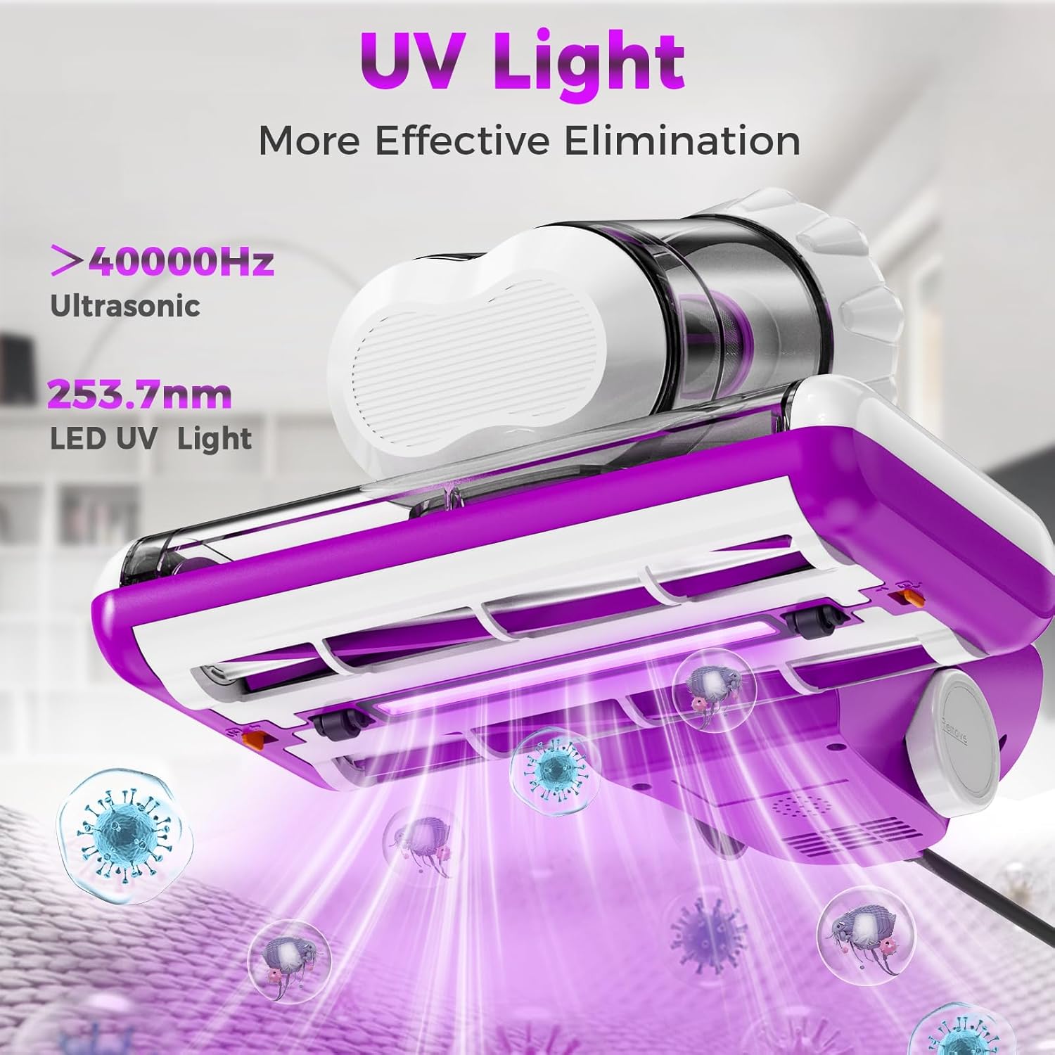 winterbear Mattress Vacuum Cleaner, 17Kpa Suction 500W High Power Handheld Roller-Type Bed Vacuum Cleaner with U-V-C Light & High Heating & Ultrasonic Tech, 2 * 30000Rpm Brush Rolls, Corded, White