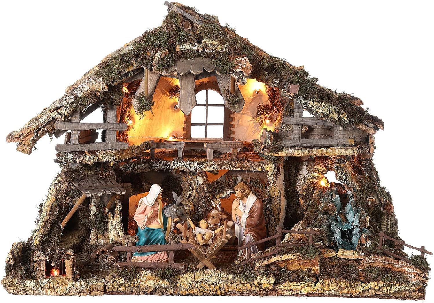 Nativity Village, Stable with Waterfall and fire Pit 78x110x66cm, EmptyWidth: 110 cm|Height: 78 cm|Depth: 66 cm