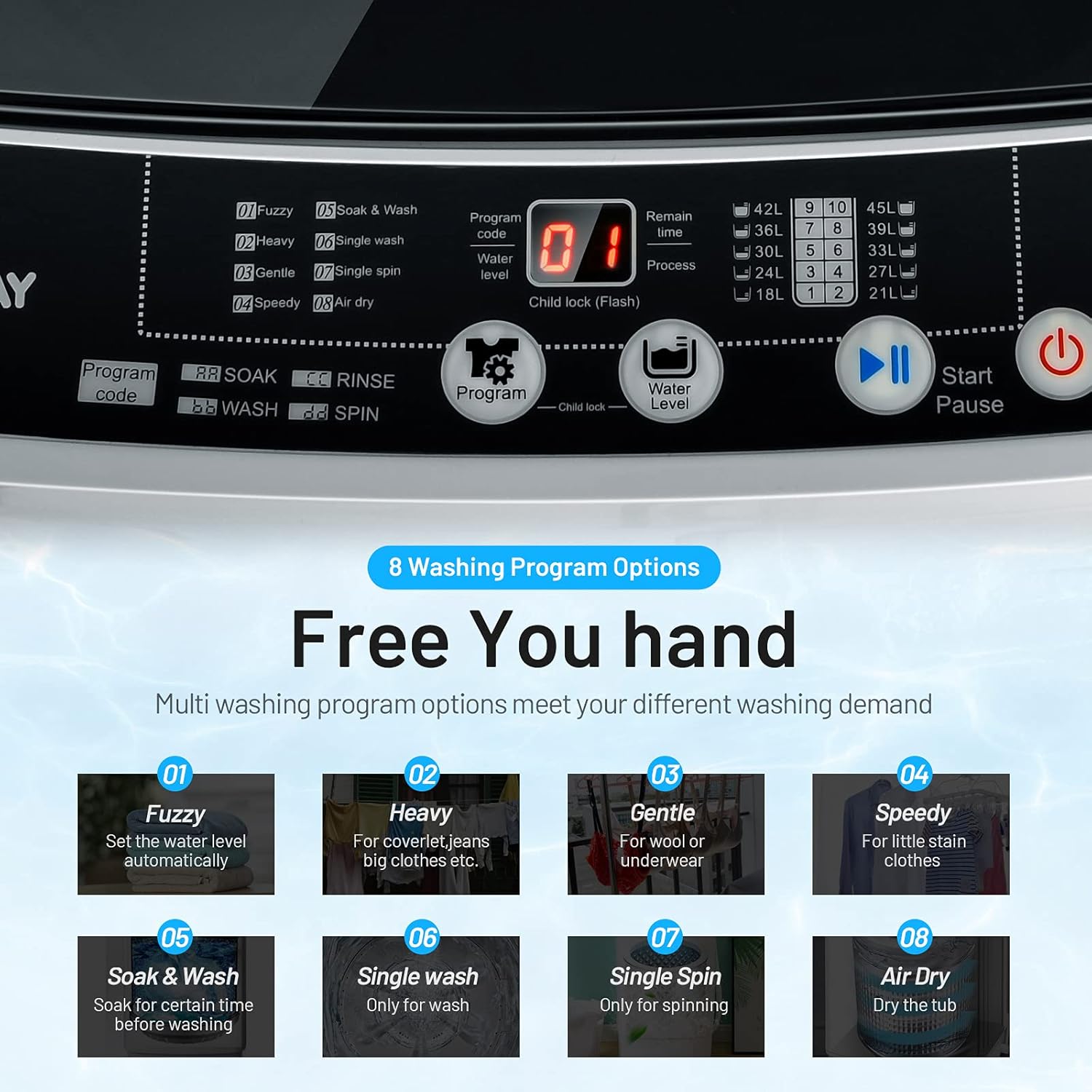 COSTWAY Portable Washing Machine, 11Lbs Capacity Full-automatic Washer with 8 Wash Programs, LED Display, 10 Water Levels, Compact Laundry Washer and Spinner Combo for Apartment Dorm, Grey