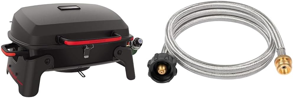 Megamaster 820-0065C 1 Burner Portable Gas Grill Bundle with Propane Adapter & Hose for Coleman Stoves, Weber Q Grills, Buddy Heaters