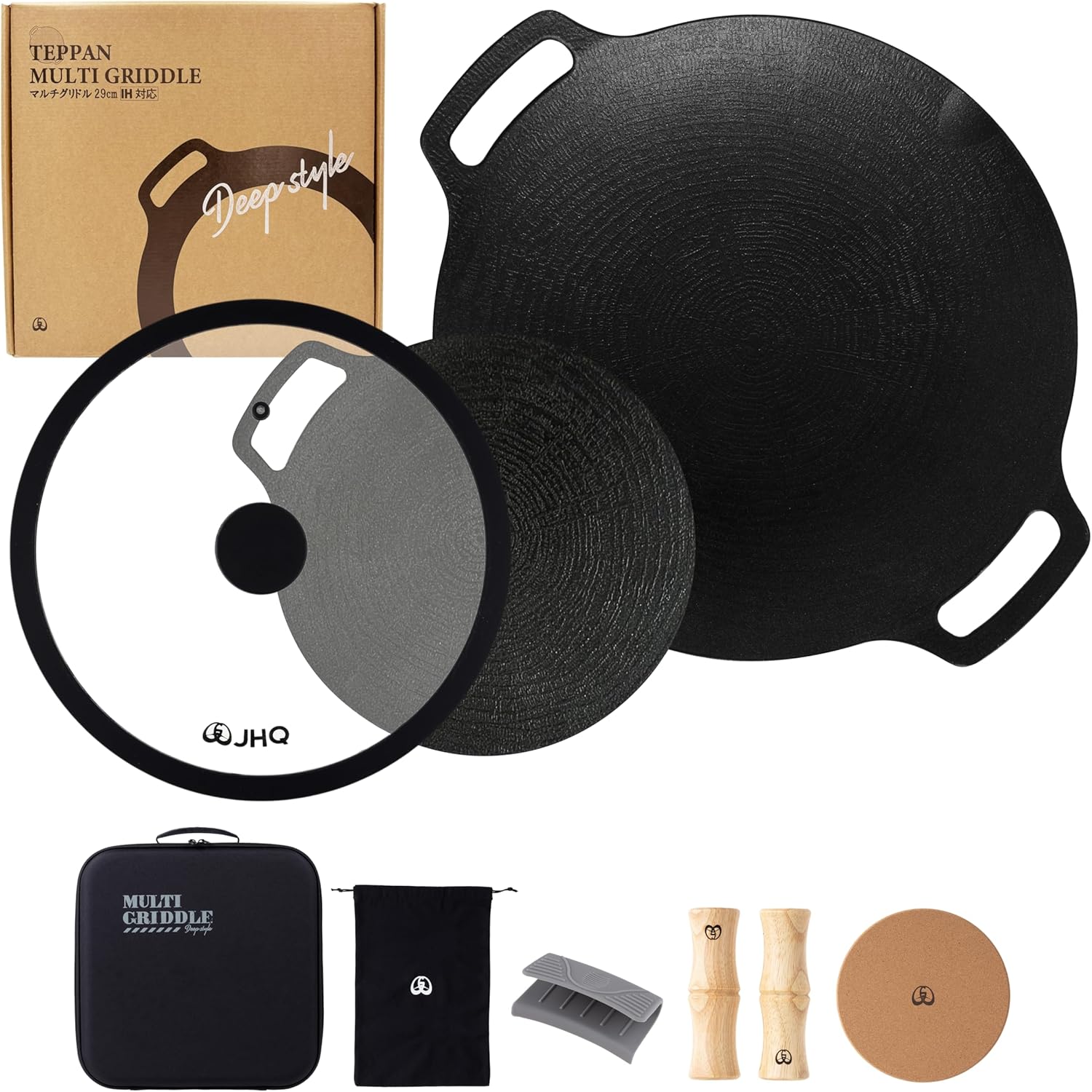 Honke JHQ Multi-Griddle Iron Plate, Deep 11.4 inches (29 cm), Flat Type, 7.5 inches (19 cm), Set of 2 Main Units (Storage Hard Case, Wooden Grip, Cork, Storage Case, Gray Mittens) + Lid, Genuine