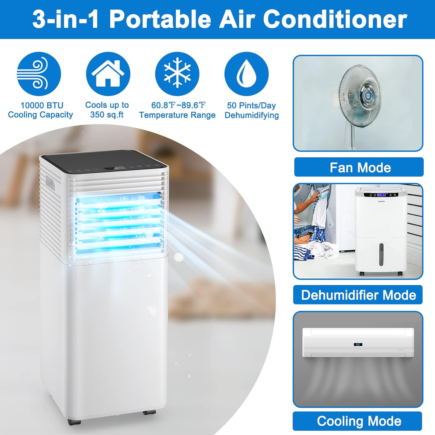 GOFLAME Portable Air Conditioner, 10000 BTU Powerful AC Unit with Remote Control and 4 Universal Casters, 3-IN-1 Air Cooler & Dehumidifier & Fan with 24H Timer for Living Room, Bedroom, Office, Black