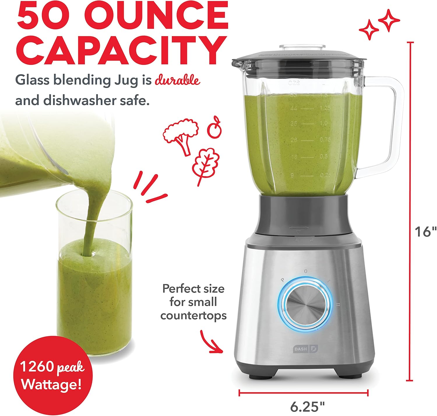 Dash Quest 50 oz Countertop Kitchen Blender, Professional Heavy Duty High Speed Processor and Mixer, Stainless