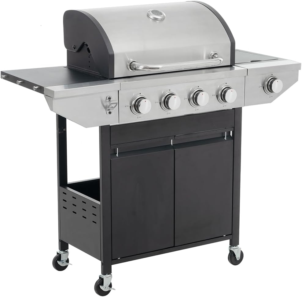 4 Burner BBQ Propane Gas Grill, Outdoor Stainless Steel 46,700 BTU Barbecue Gas Grill with Side Burner and Thermometer, Portable Stand-Up Propane Grill for Outdoor Patio Garden Picnic Backyard Cooking