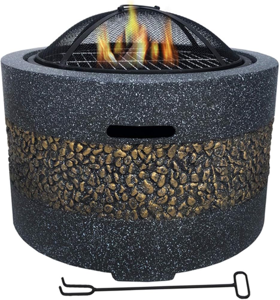 Fire Pit with BBQ Grill Shelf Outdoor 3 in 1 Multifunctional Metal Fire Pit Garden BBQ Firepit with Poker, Grill, Mesh Lid