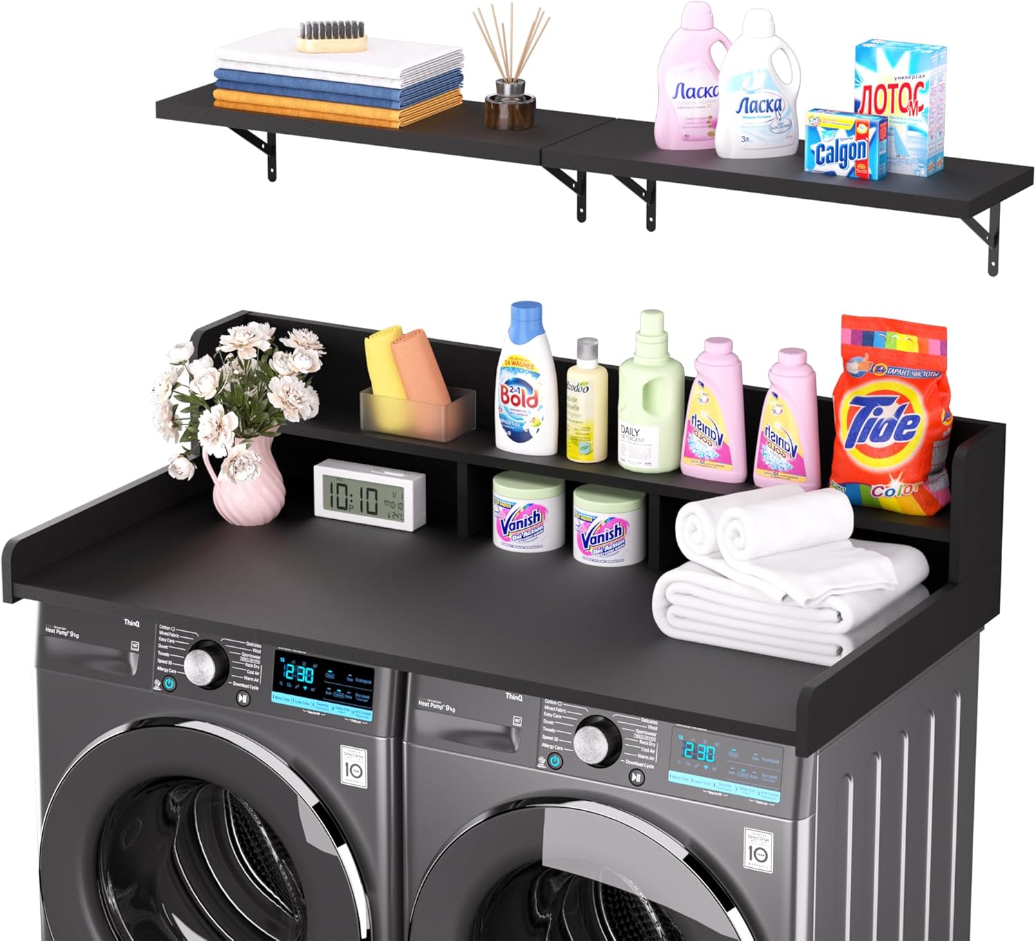 advwin 2-Tier Washer Dryer Countertop with Storage, Laundry Countertop with Shelf for Laundry Room, Washer Dryer Topper with Anti-Slip Pads (Black)