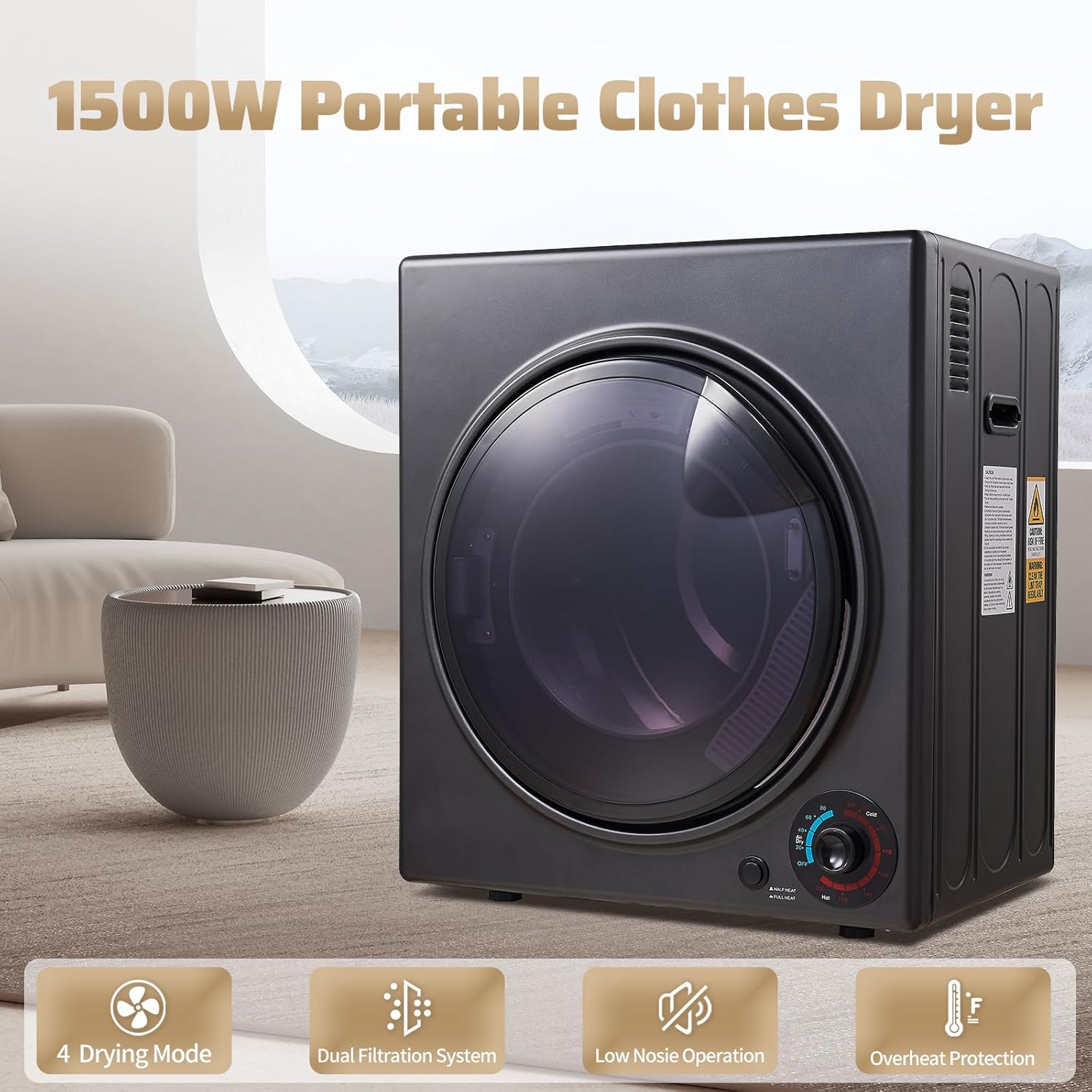 CTT Portable Clothes Dryer 3.5 cu.ft, 1500W Compact Dryer for Apartment