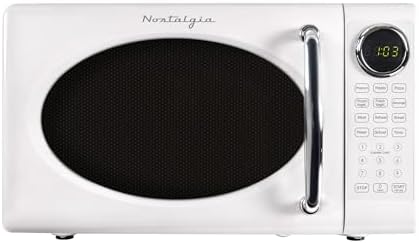 Nostalgia Retro Microwave Oven - 0.7 Cu Ft, 700-Watt Countertop Size with Glass Turntable, Child Safety Lock, 8 Auto-Cook Programs, Digital Clock - White