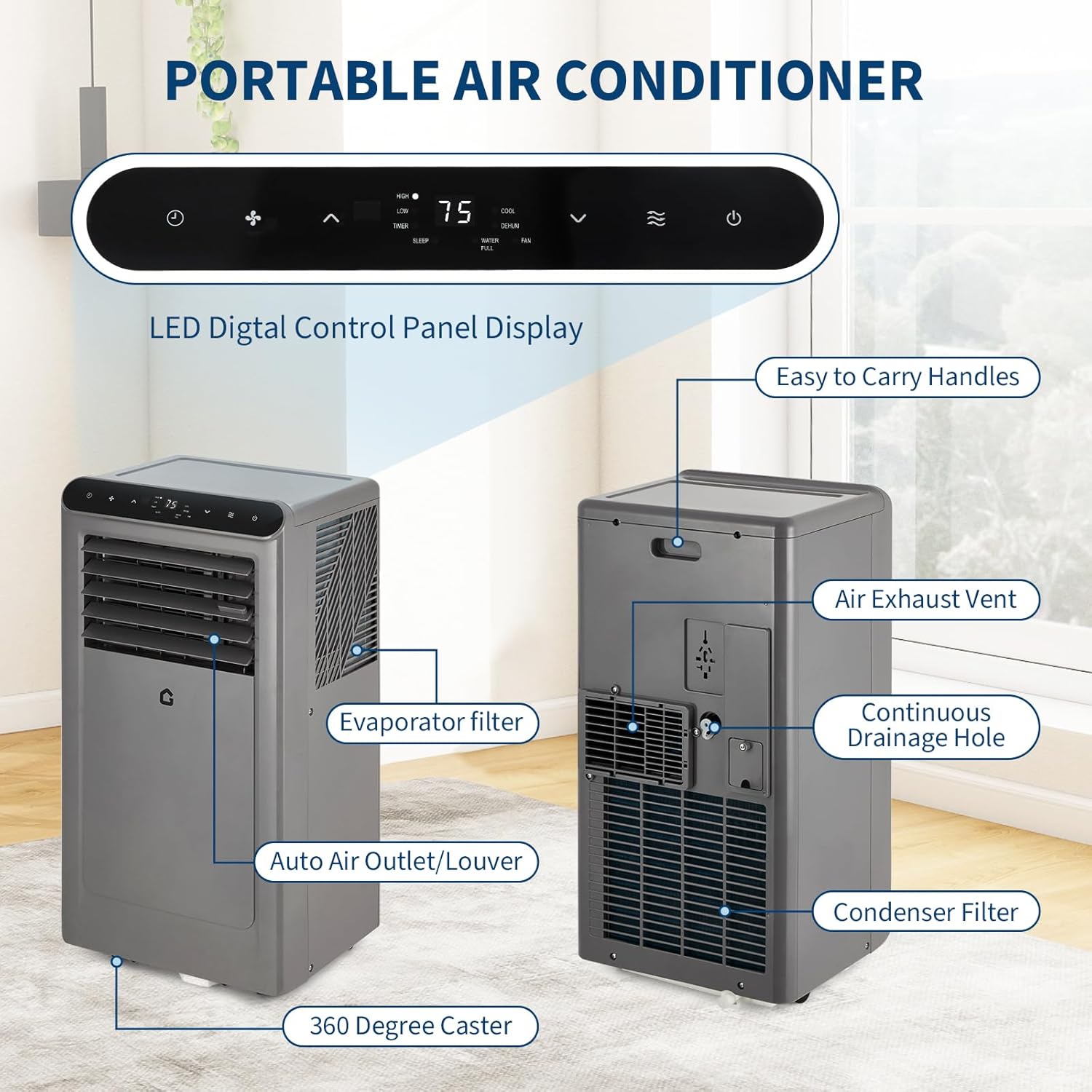 10000BTU Portable Air Conditioners w/Remote/LED Control, Free Stand Cooling Portable AC Unit for Room up to 450 sq. ft, 3-in-1 AC (Cool, Fan, Dehumidifier), 24Hrs Timer,Quiet Sleep Mode(45dB)