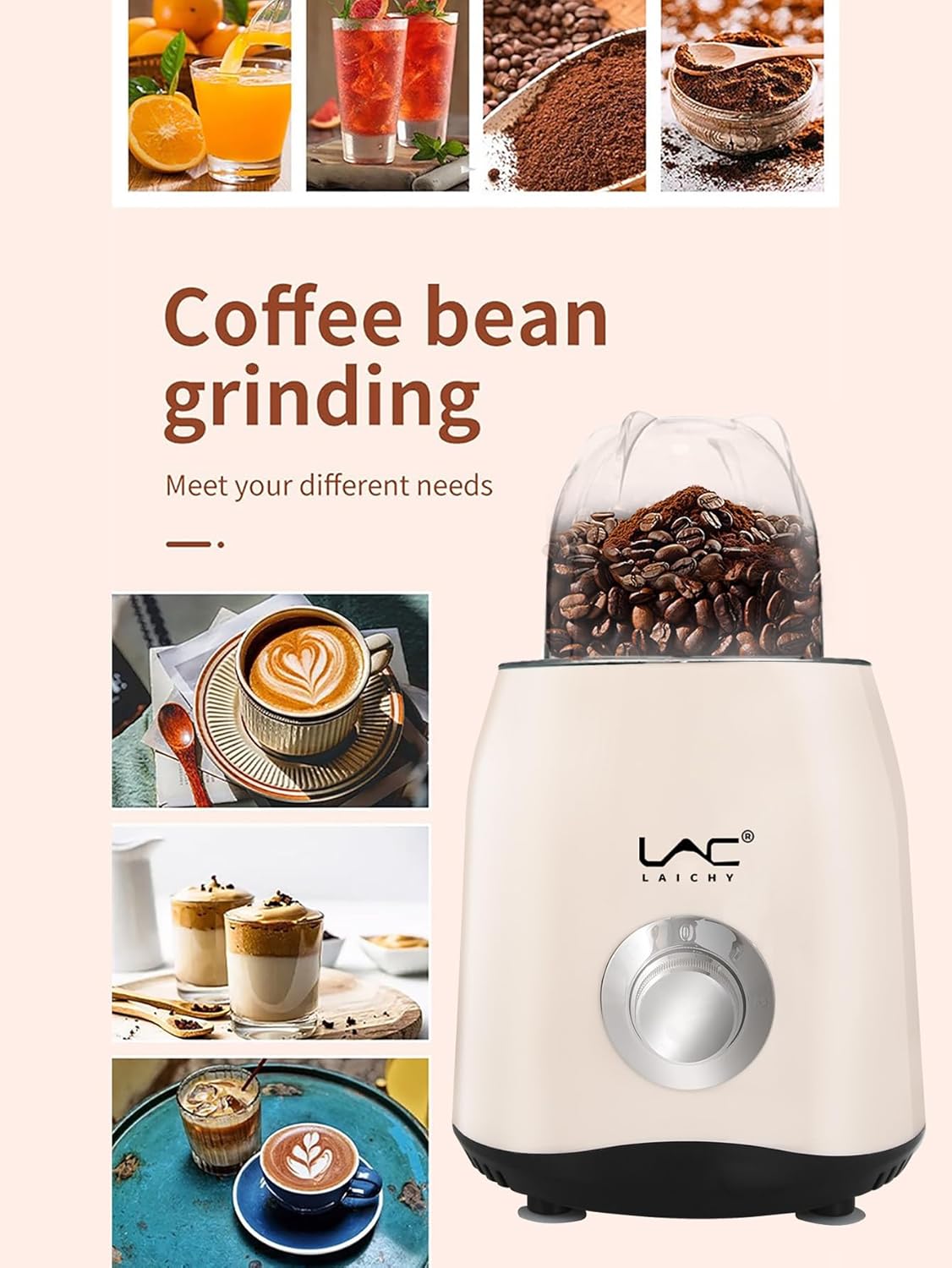 Blender for Smoothies,Personal Blender and Grinder Combo for Kitchen with a 54oz Portable Smoothie Cups,Shakes,Juices,Frozen Drinks and a 12oz Coffee Cup with Seal Cover for Coffee Beans(Cream)