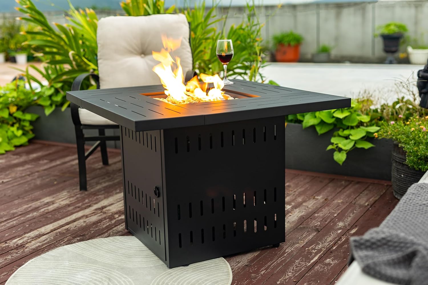 34in Steel Propane Fire Table 50000BTU Outdoor Gas Fireplace with Lava Rocks Stainless Burner Electronic Ignition Adjustable Flame Rectangular