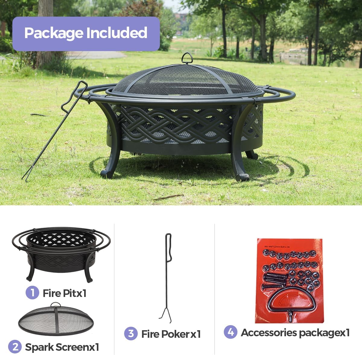 36 Inch Fire Pit with 2 Loops,Crossweave Wood Burning Fire Pits for Outside,with Spark Screen,Fire Poker,Round Outdoor Firepit for Patio,Yard,Garden,Camping,Bonfire(36''Black)