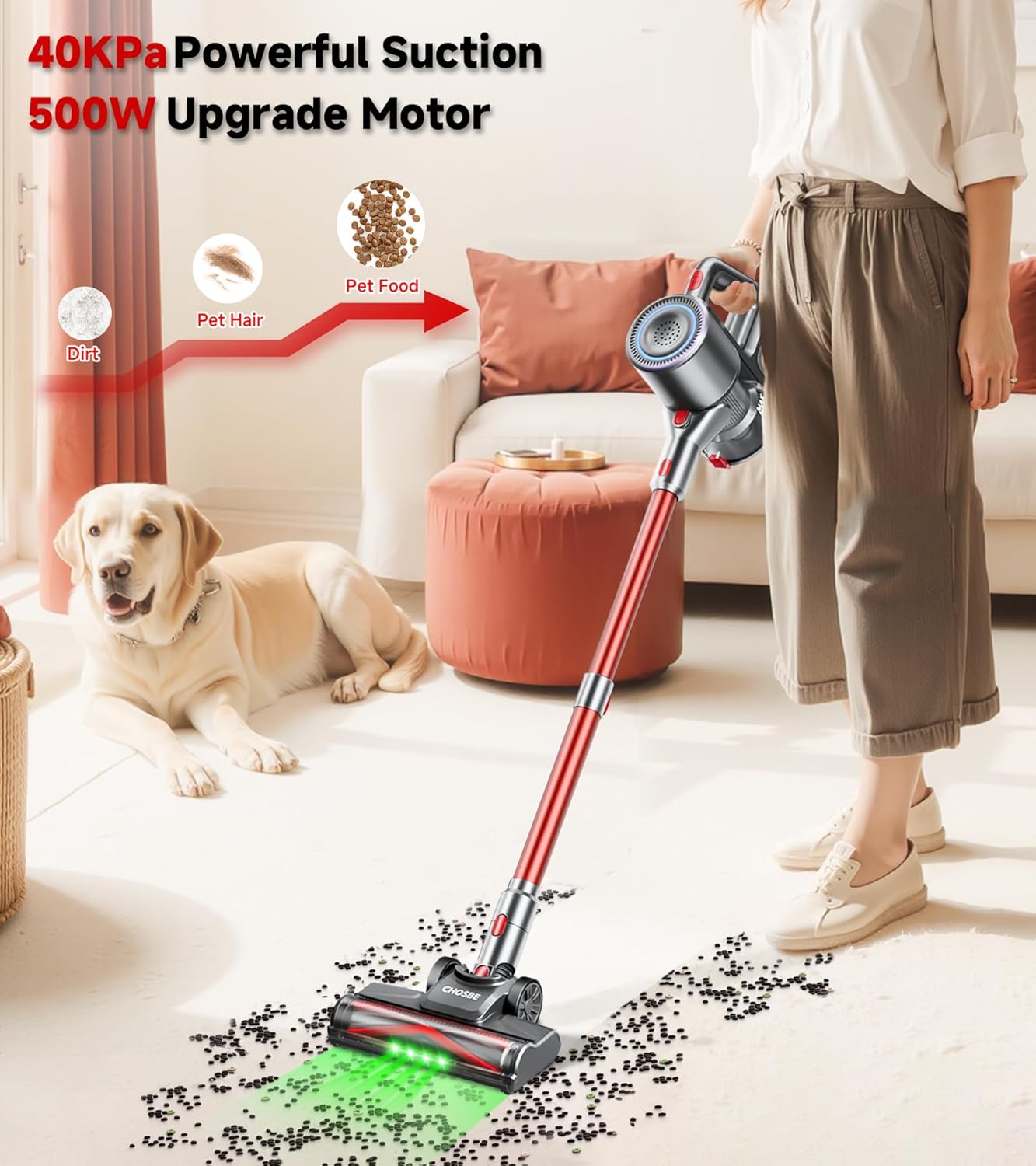 Cordless Vacuum Cleaner, 500W/40Kpa Stick Vacuum with 45Mins Runtime, Self-Standing Vacuum Cleaners for Home, Anti-Tangle, 1.5L Dust Cup, Rechargeable Vacuum for Hardwood Floor Carpet Pet Hair
