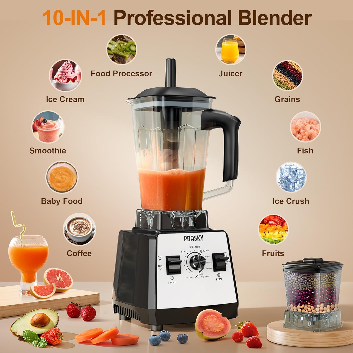 Countertop Blender, 70oz Capacity 1000W Motor 6 Speeds, 2 Container with 25oz To-go Cup, Blender for Fruits, Vegetables, Ice, Coffee Bean, Spices (White)