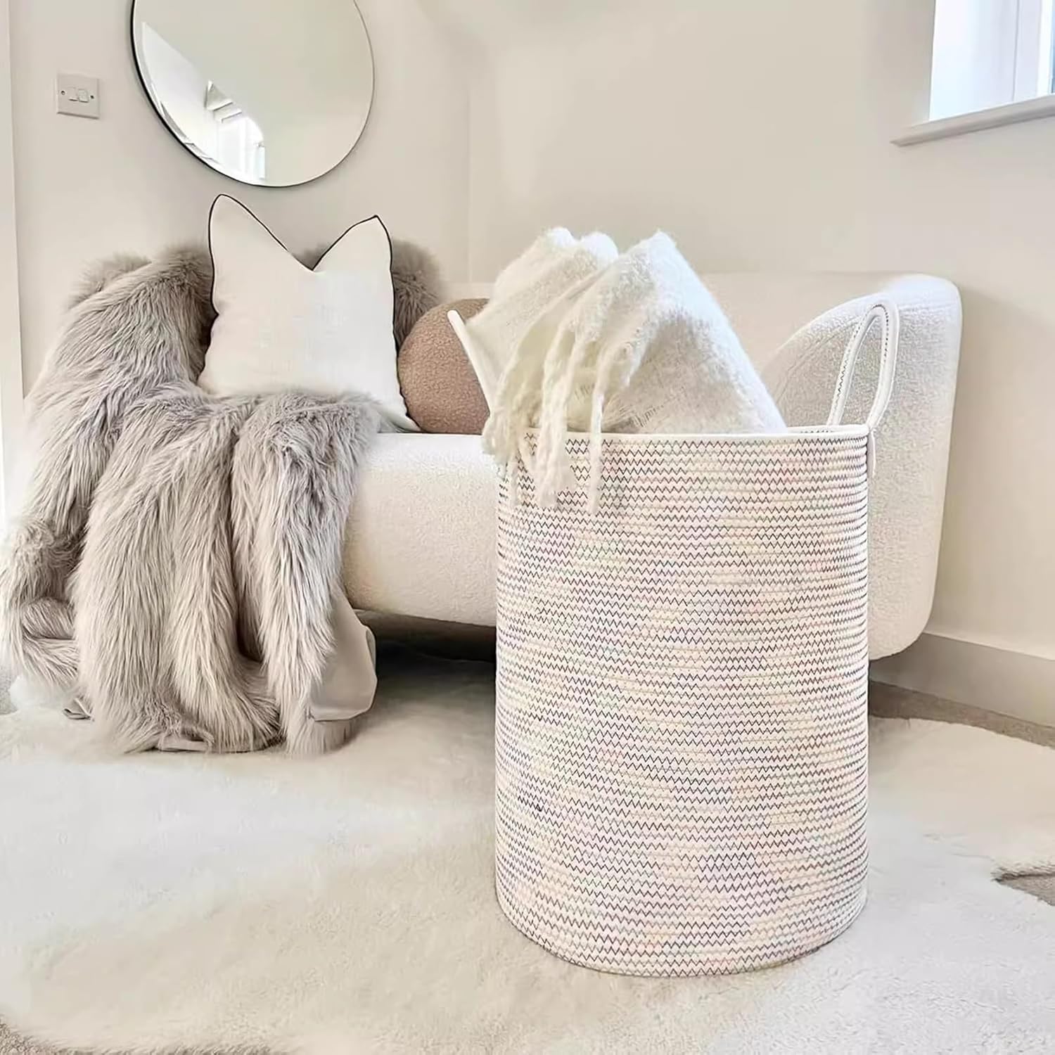 Cotton Rope Laundry Basket 72L, Foldable Machine-Washable Clothes Hamper with Handles, Large Storage Bin for Toys Bedding, Nursery, Dorm, RV(Brown)