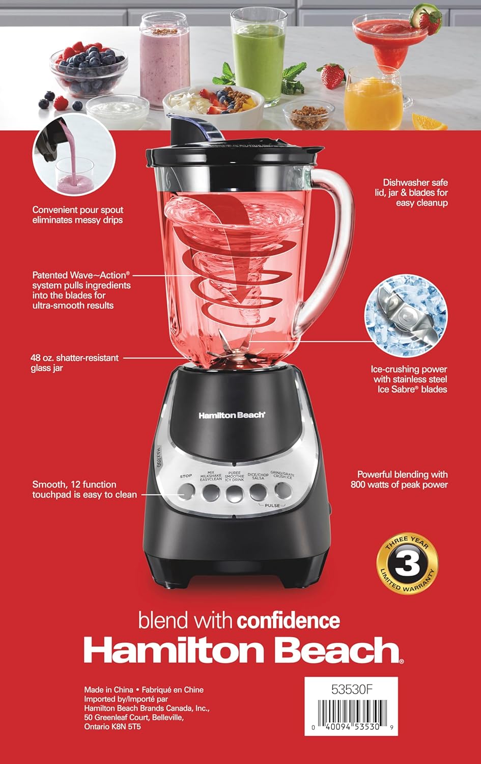 Wave Action Quiet Blender - 48 oz. Glass Jar - 12 Blending Functions - Black - Countertop Blender - Blade Material: Stainless Steel - 800 Watts