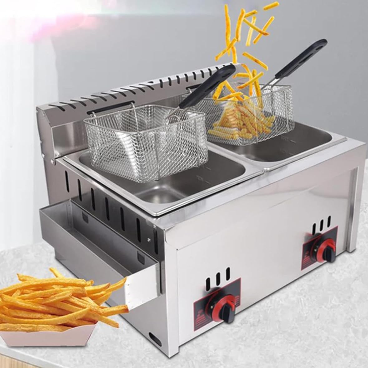 Professional Gas Fryer 10Lx2 with Stainless Steel Seasoning Tank - Perfect for Commercial Fries in a Family Restaurant, 2 Baskets for Efficient Cooking