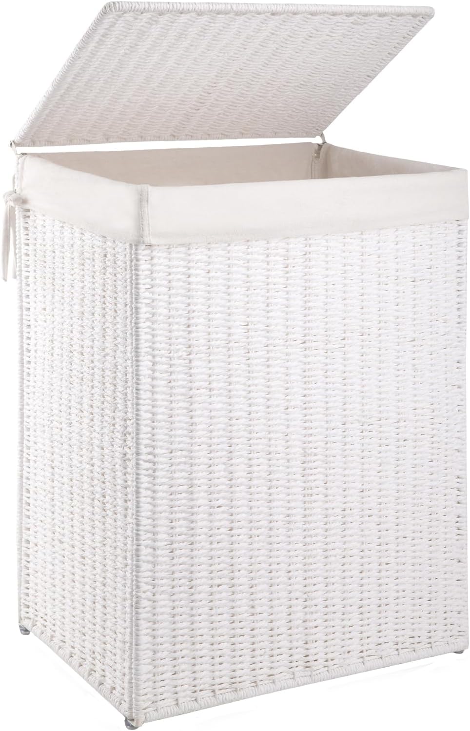 OIAHOMY Laundry Hamper with Lid, 23.8 Gal (90L) Wicker Hamper with Removable Liner Bags, Handwoven Clothes Basket with Handles, Foldable Woven Paper Rope Basket for Laundry Room, Bedroom-White