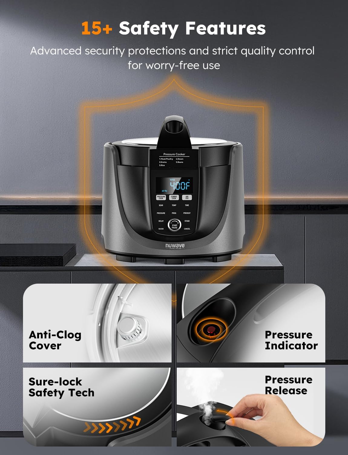 Nuwave Duet Air Fryer, Electric Pressure Cooker & Grill Combo, 540 IN 1 Multicooker with 3 Removable Lids, Slow Cook, Sautés, Dehydrator, 18/10 SS Pot, Sure-Lock Safety Tech & 13 Deluxe Accessories