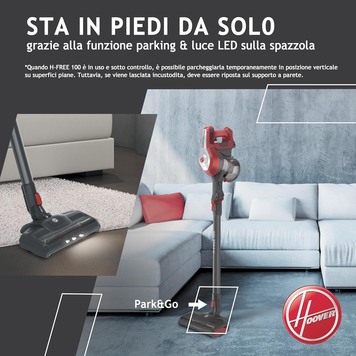 Hoover 39400928 HF122RH 011 Scopa Ricaricabile, H-Free 100, 0.9L, Batteria litio 22 V, 40 minuti, 2 velocità, Home, Griggio Rosso