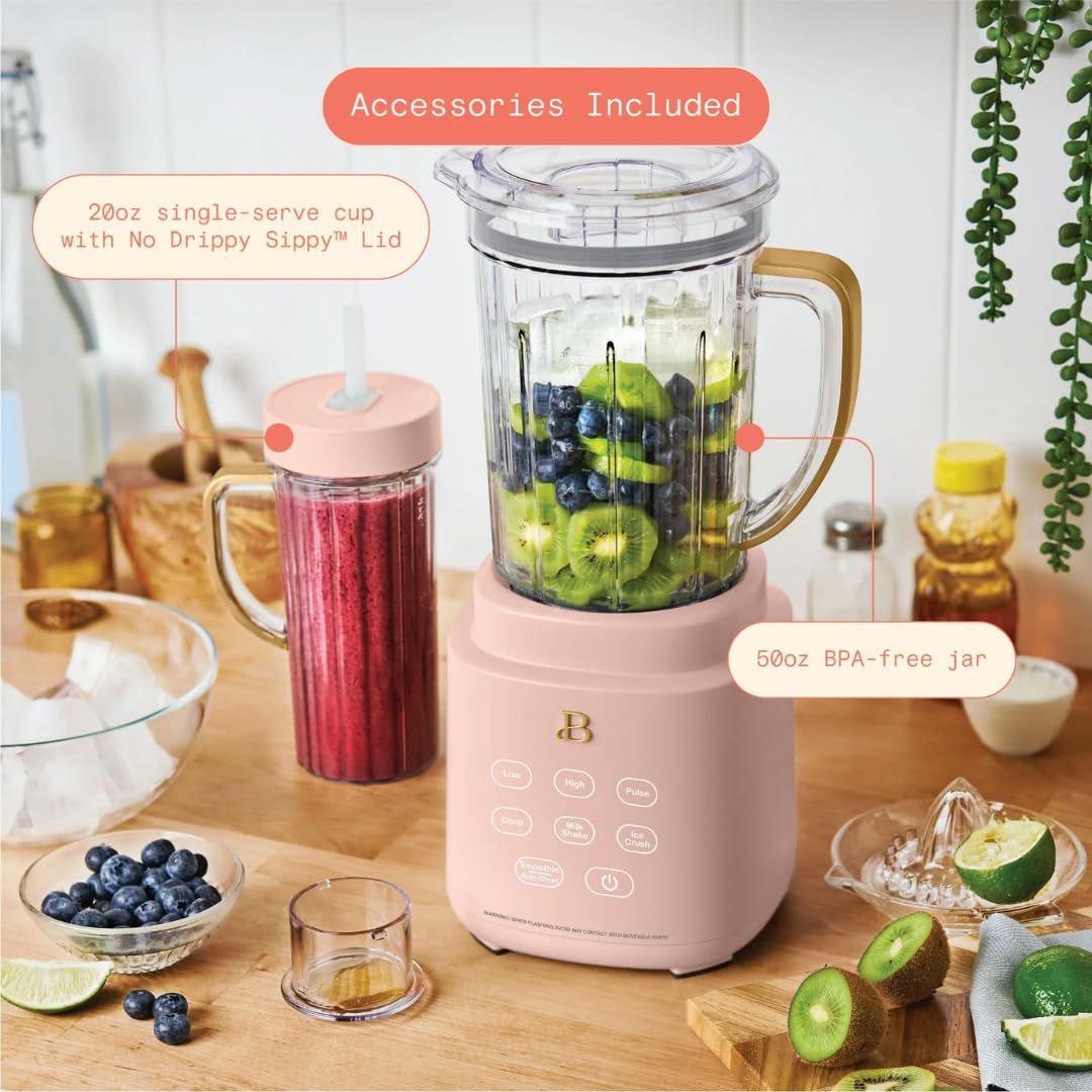 Beautiful PowerExact Blender System, 700W, Touch Display, PrecisionSense Tech, 50oz Tritan Jar + 20oz To-Go Cup, 4 Presets, Ice Crush, Smoothie, Dishwasher Safe, Gold Accents (Rose)