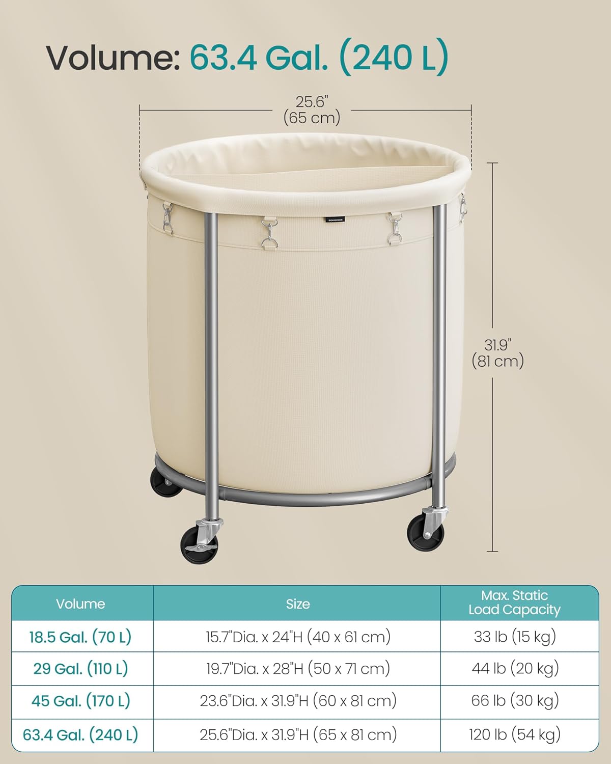 SONGMICS 63.5-Gallon (240 L) Laundry Basket with Wheels, Rolling Round Heavy-Duty Laundry Hamper Cart with Steel Frame and Removable Bag, 2 Locking Wheels, Cream White and Metallic Silver URLS012W01