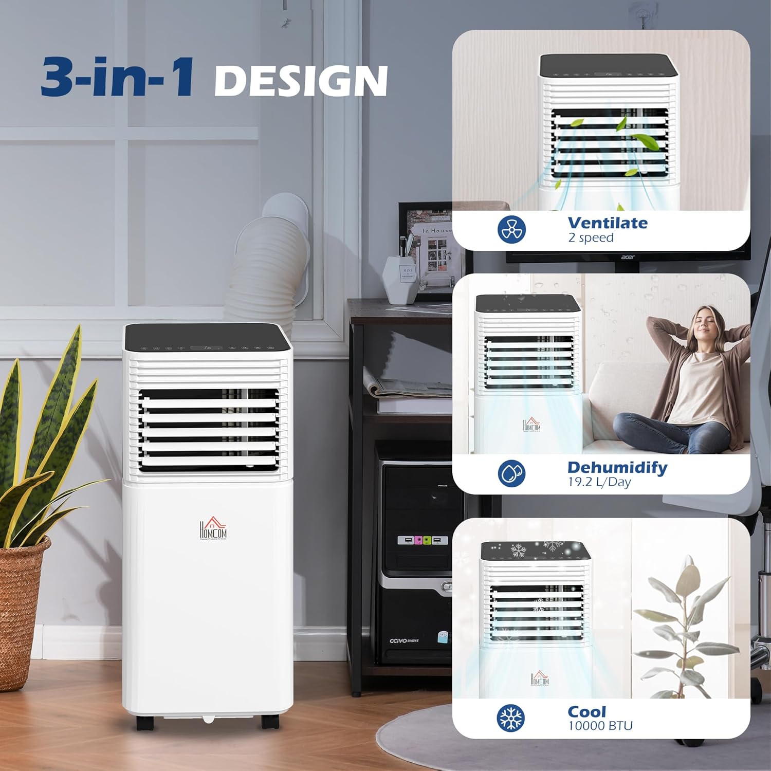 HOMCOM 10000 BTU Mobile Portable Air Conditioner for Rooms Up to 441 Sq.Ft., 3-in-1 AC Unit with Dehumidifier, Cooling Fan, Remote, 24H Timer, LED Display, Window Installation Kit, Black and White