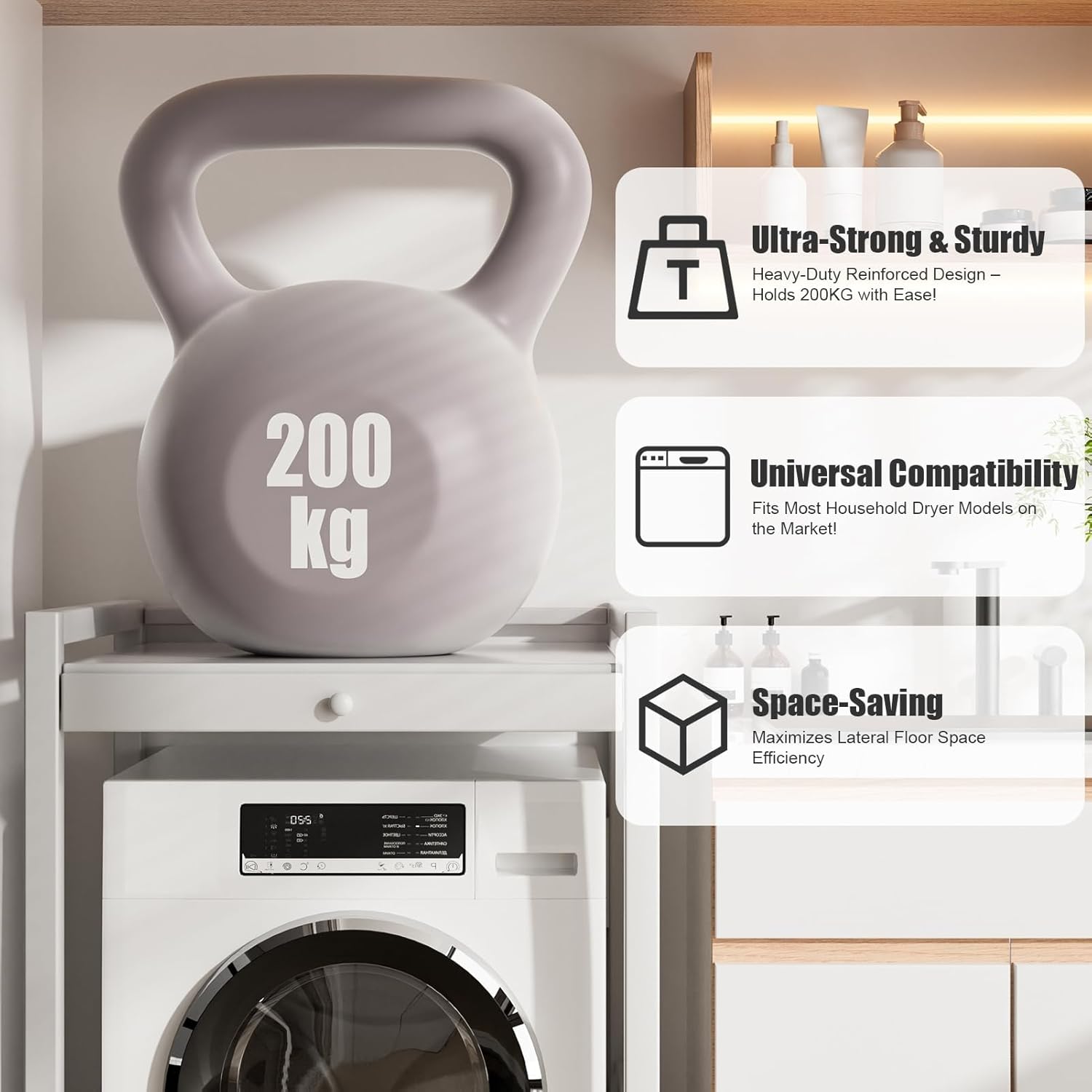 Tumble Washer Dryer Stacking Kit with Countertop - Height Adjustable Over Washer Dryer Shelves with Sliding Raill Hanger,Metal Frame Washing Machine Storage Rack for Home Bathroom Commercial (White)