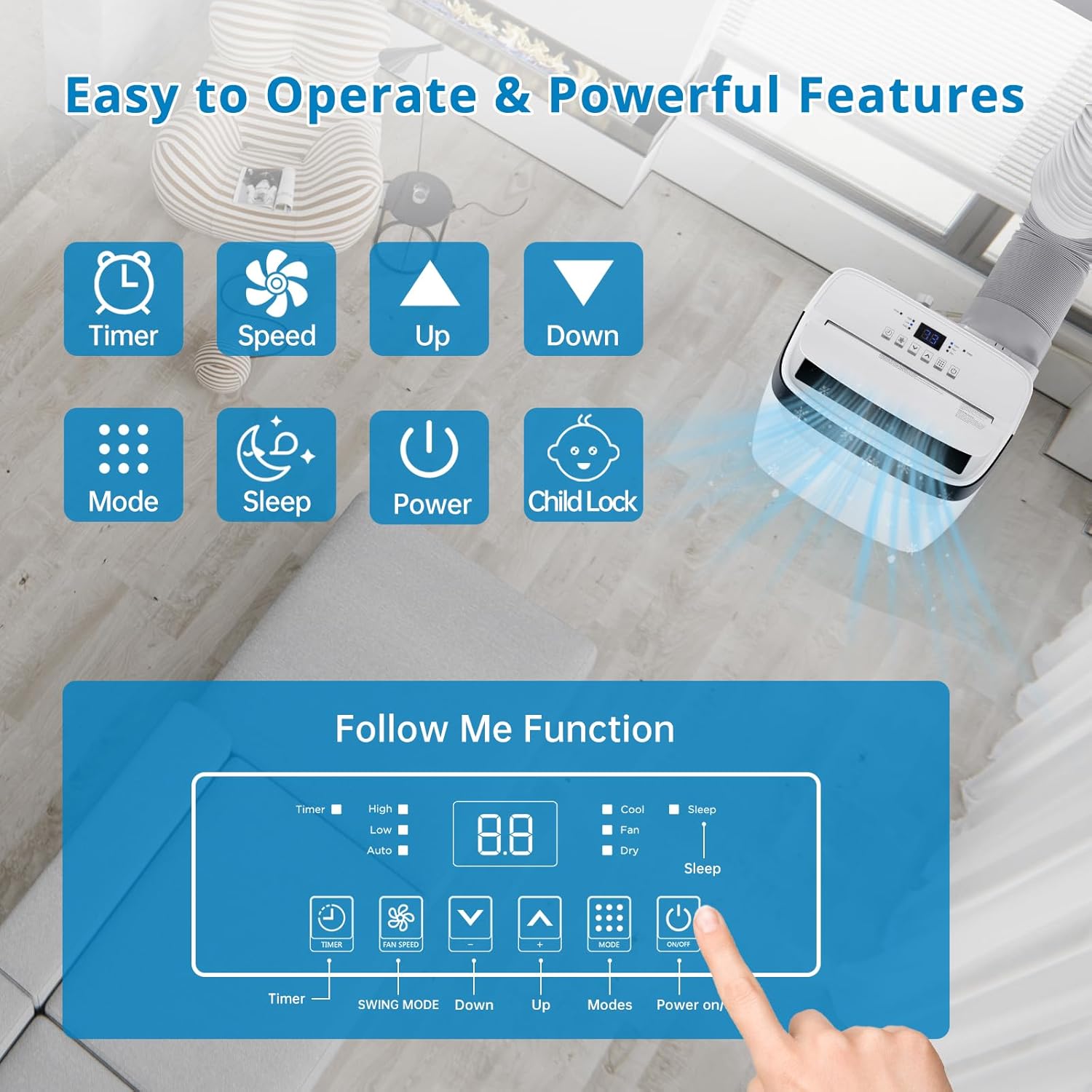10000Btu Portable Air Conditioner up to 450 Sq. Ft, Built-in Dehumidifier, Fan, Energy Saving Sleep Modes, AC Unit with Window Exhaust Kit & Remote Control Portable AC for Rooms