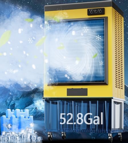 14715CFM Swamp Cooler, Evaporative Air Cooler with Continuous Auto Fill,53-Gal Water Tank,5 Ice Packs,Portable Evaporative Cooler for Outdoor Patio Garage Commercial Industrial Use, 70IN