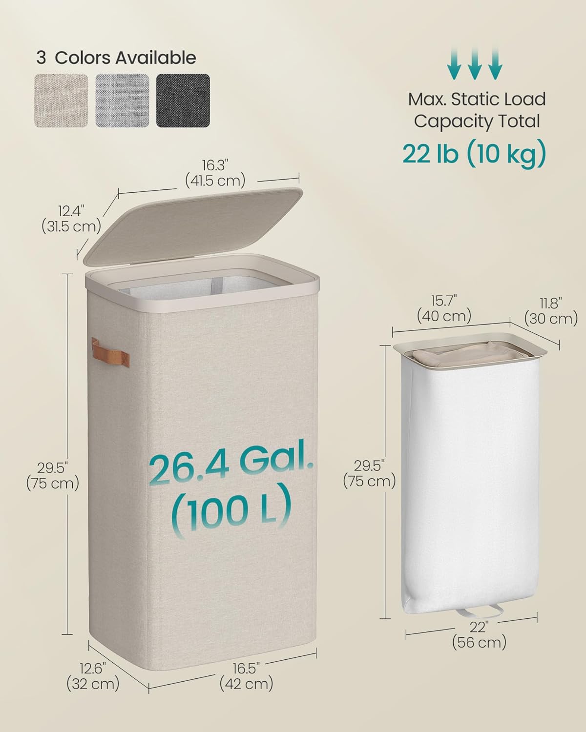 SONGMICS Laundry Basket, 26.4 Gal. Laundry Hamper, Easy Assembly, with Lid and Handles, Removable Liner, 16.5 x 12.6 x 29.5 Inches, Cappuccino Beige ULCB811LH01