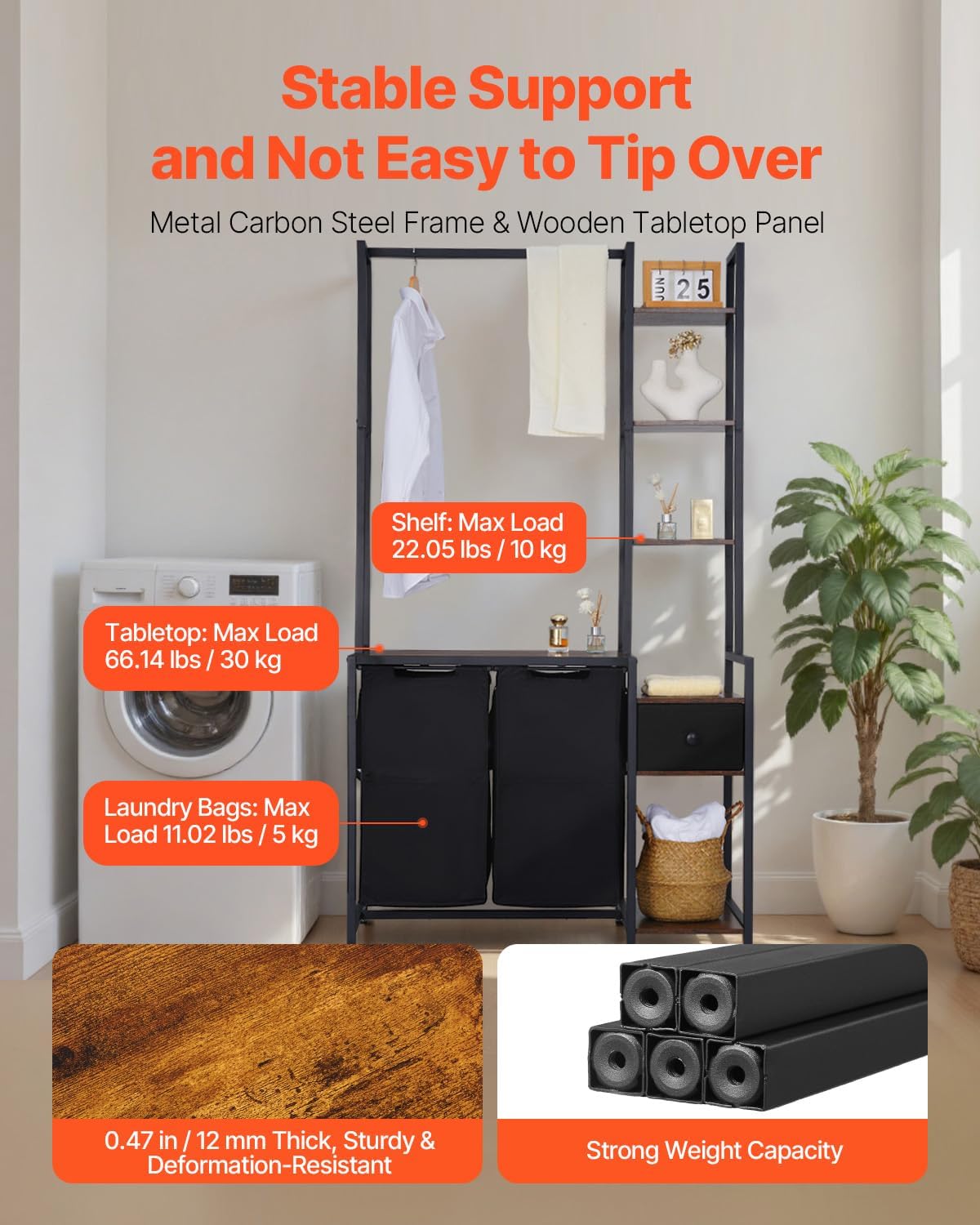 VEVOR 6 Tiers Laundry Sorter with Rack, Tall Laundry Hamper with Shelves and Drawers, 2 Section Freestanding Hanging Rack Storage with 600D Oxford Cloth Bags and Ladder Shelves for Dirty Clothes