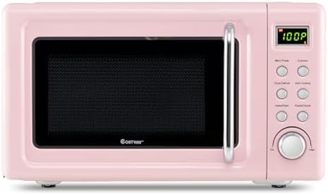 COSTWAY Microwave Countertop, 0.7Cu.ft Microwave Ovens with 5 Micro Power, Delayed Start Function Glass Turntable & Viewing Window, LED Display, Child Lock, Mini Microwave for Small Place (Pink)
