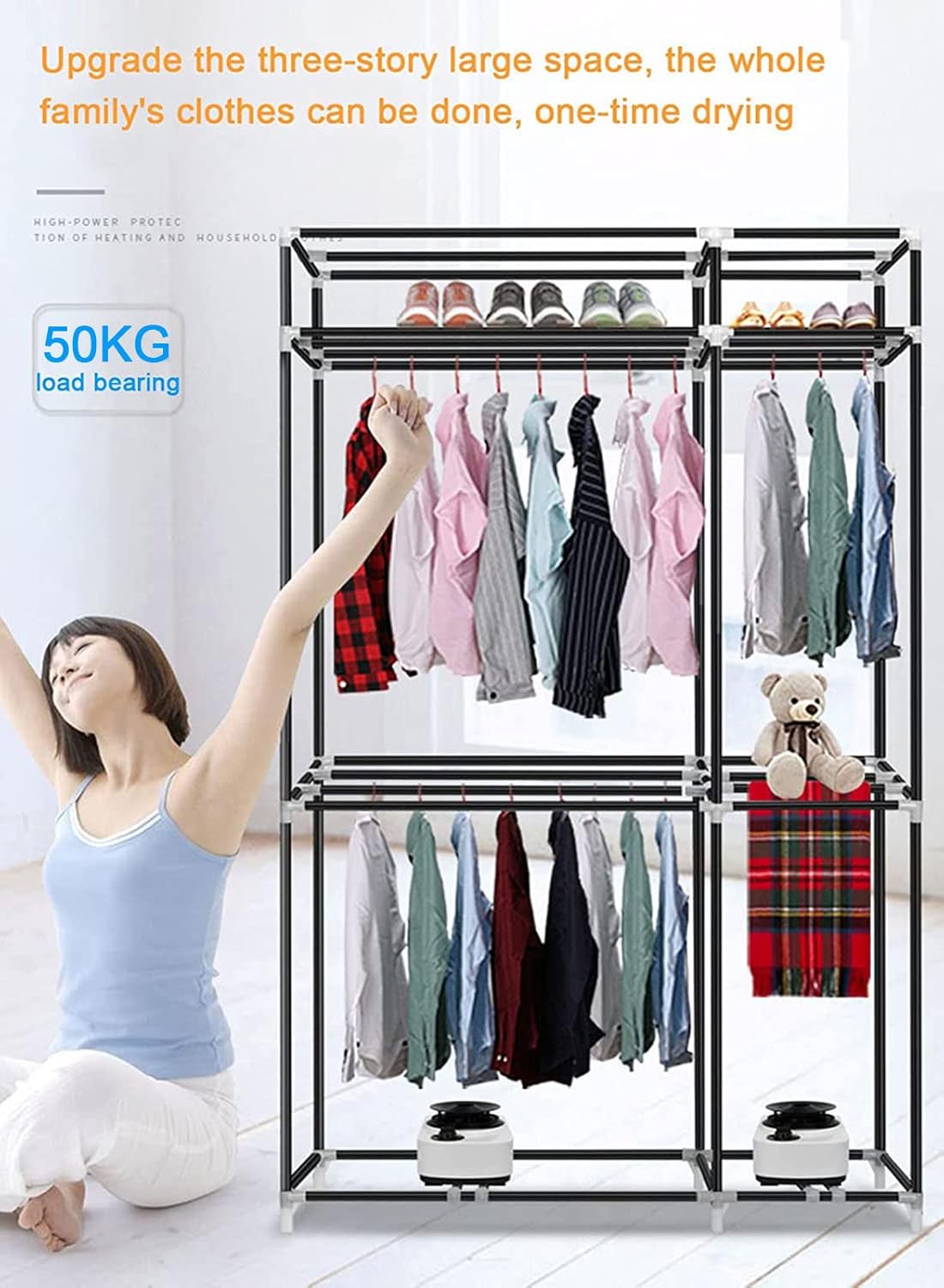 Electric Clothes Dryer, Portable Electric Clothing Rack Dryer, 3-Tier PTC Hot Air Cloth Drying Machine with Timer, Heated Clothes Airer, Folding Wardrobe Hanger Rack for Home Indoo