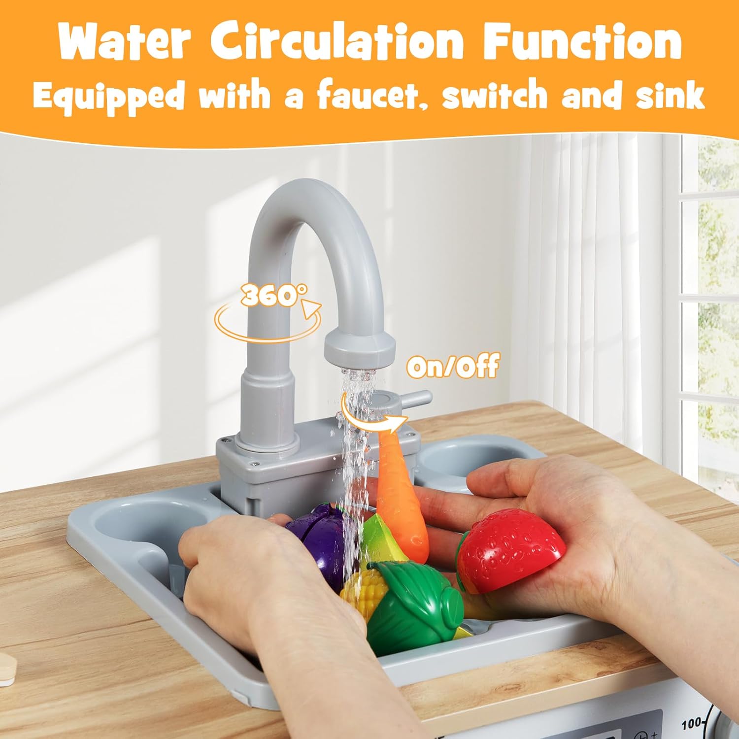 Costzon Kids Kitchen Playset, 2 Piece Wooden Modular Toy Play Set w/Running Water, Sound & Light, Fridge, Dishwasher, Microwave, Oven, Pretend Play Kitchen for Kids Ages 3+ (Natural + White)