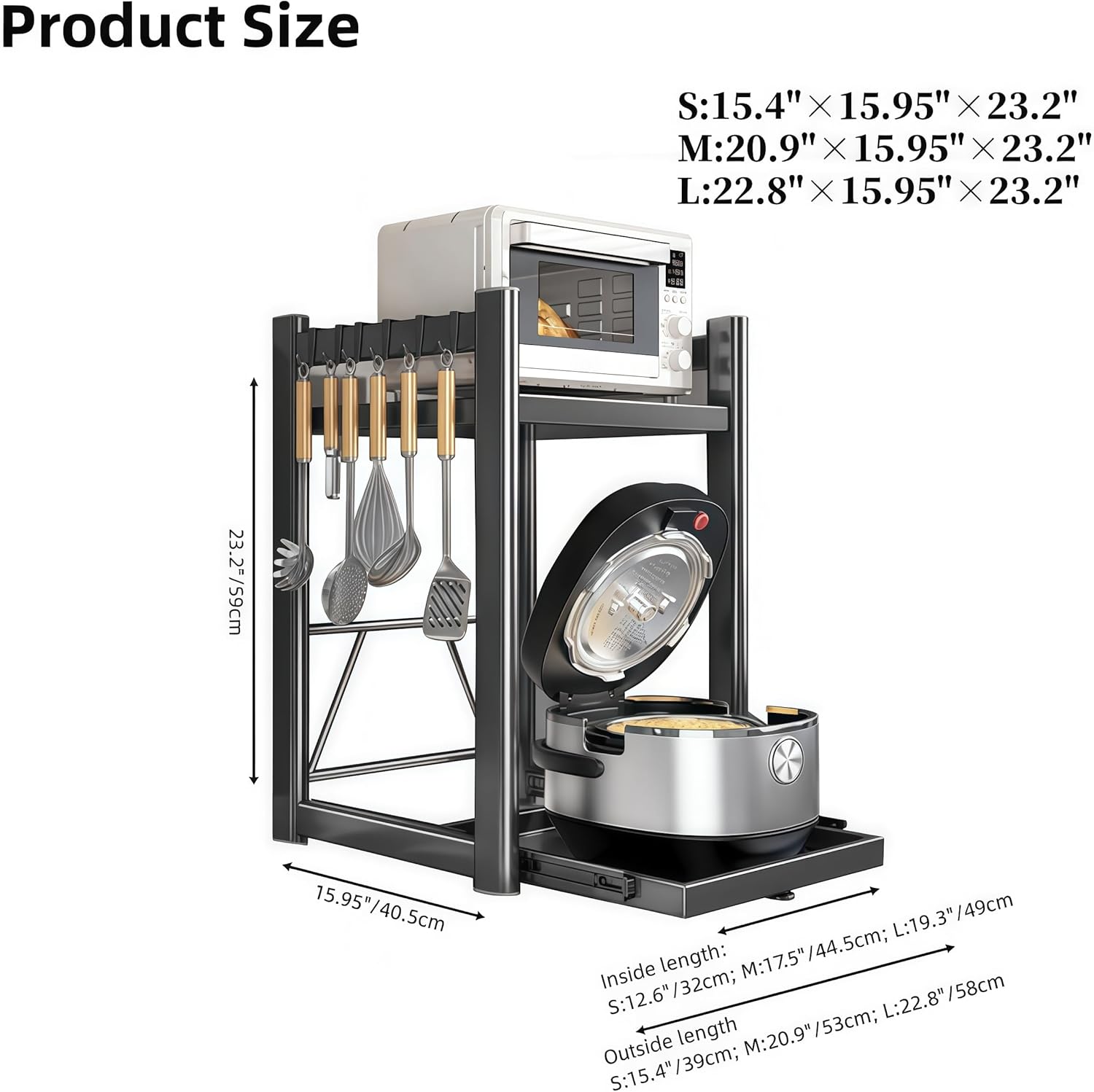 2-Tier Adjustable Kitchen Shelf with Sliding Tray – Metal Countertop Rack for Microwave, Rice Cooker, and Small Appliances – Storage Organizer Stand for Pantry or Kitchen Counter (White, Small)