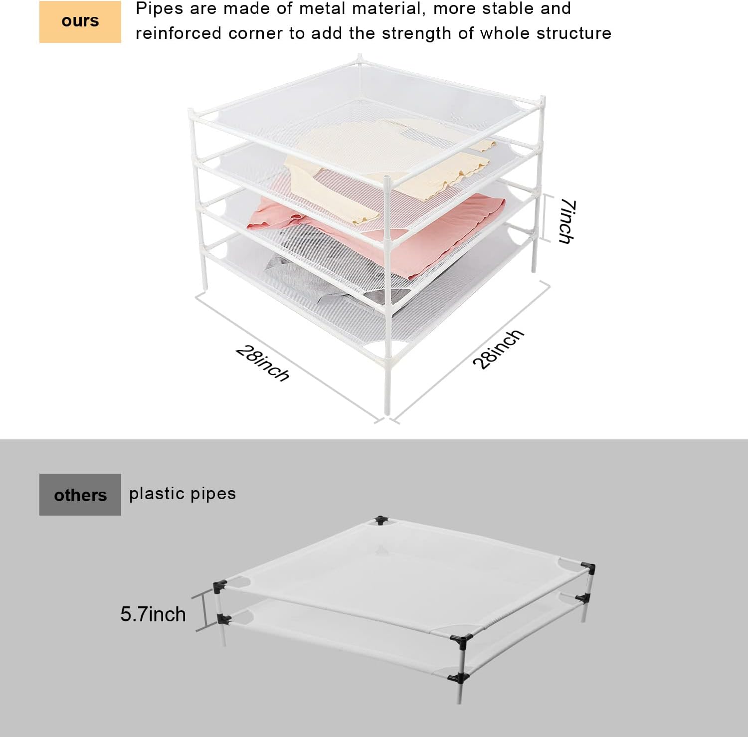 Sweater Drying Rack Flat, Metal Tube Mesh Clothes Drying Rack for Laundry with Rubber Feet, Stackable Laundry Clothing Dryer Rack for Art, Clothes, Indoor & Outdoor, White, 4-Layer