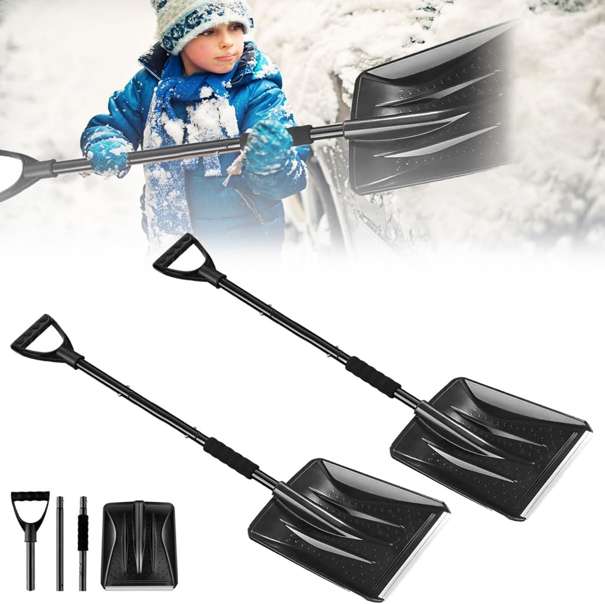 Preschool Snow Shovel, Kids Detachable Stainless Steel Winter Snow Shovel, Adjustable Beach Snows Shovels with D-Grip Handle for Kids Outdoor Yard Garden Activities, Snows Removal for Cars(2 PCS)