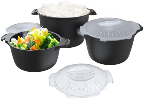 Professional 3 Piece Set Micro Cookware, Microwave Veggie Steamer, Microwave Rice Cooker as Steamer, Mix, Server and Storage Food Bowl BPA Free, Dishwasher Safe, Nestable Storage, Size-1QT, 2QT, 3QT