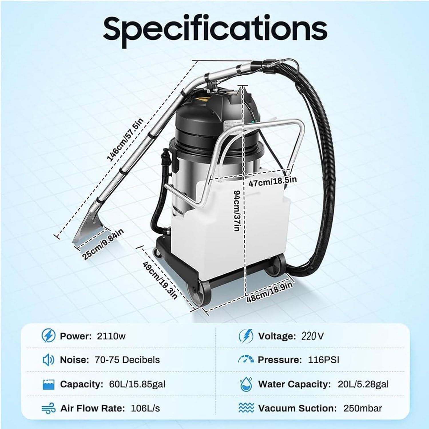 Commercial Carpet Cleaner, 3 in 1 Multi-Purpose Floor Cleaning Machine Heavy Duty Extractor Vacuum Washing Machine, Sofa Curtain Carpet Cleaning Machine 60L